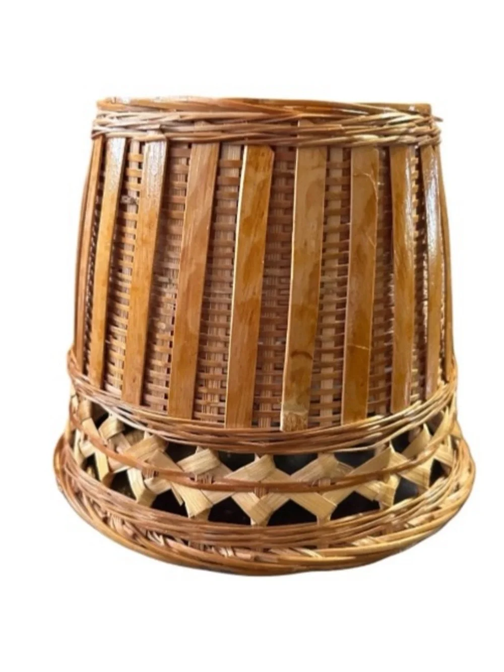 Vintage Mid Century 60 70s Hand Woven Tiger Bamboo Planter Plant Pot Tikki Boho